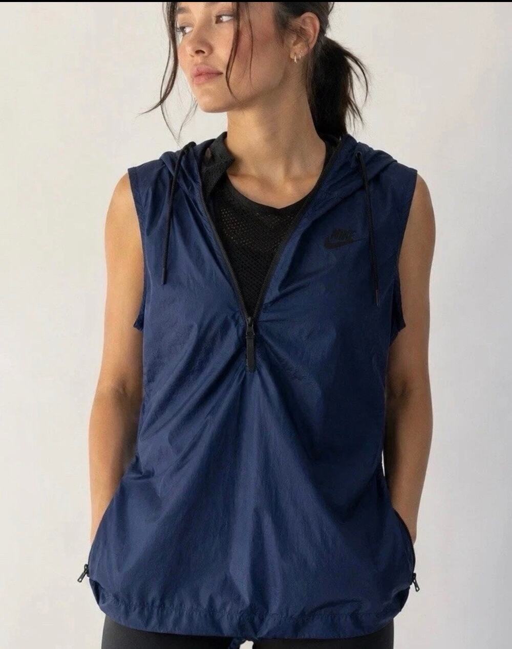Nike Womens Tech Hypermesh Half Zip Hooded Vest Blue Size Medium